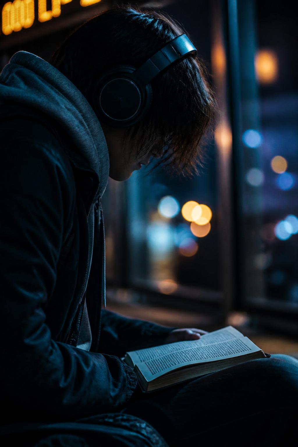 Jongere met koptelefoon leest 's nachts in de Bijbel